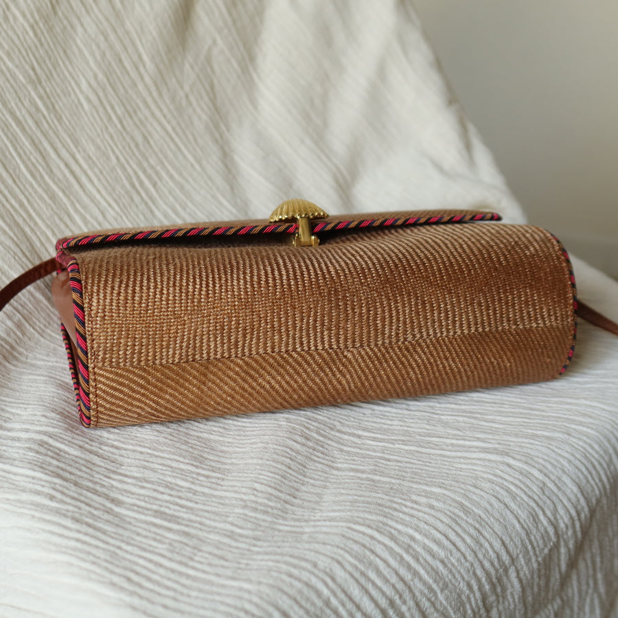 Bottega Veneta Vintage Brown Straw Leather 2way Clutch Shoulder Flap Bag