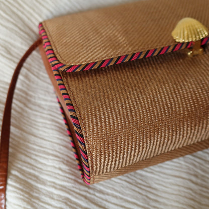 Bottega Veneta Vintage Brown Straw Leather 2way Clutch Shoulder Flap Bag