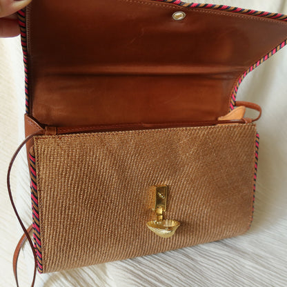 Bottega Veneta Vintage Brown Straw Leather 2way Clutch Shoulder Flap Bag