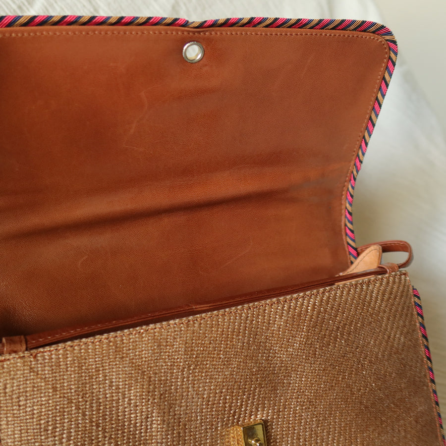 Bottega Veneta Vintage Brown Straw Leather 2way Clutch Shoulder Flap Bag