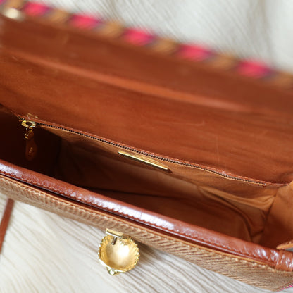 Bottega Veneta Vintage Brown Straw Leather 2way Clutch Shoulder Flap Bag