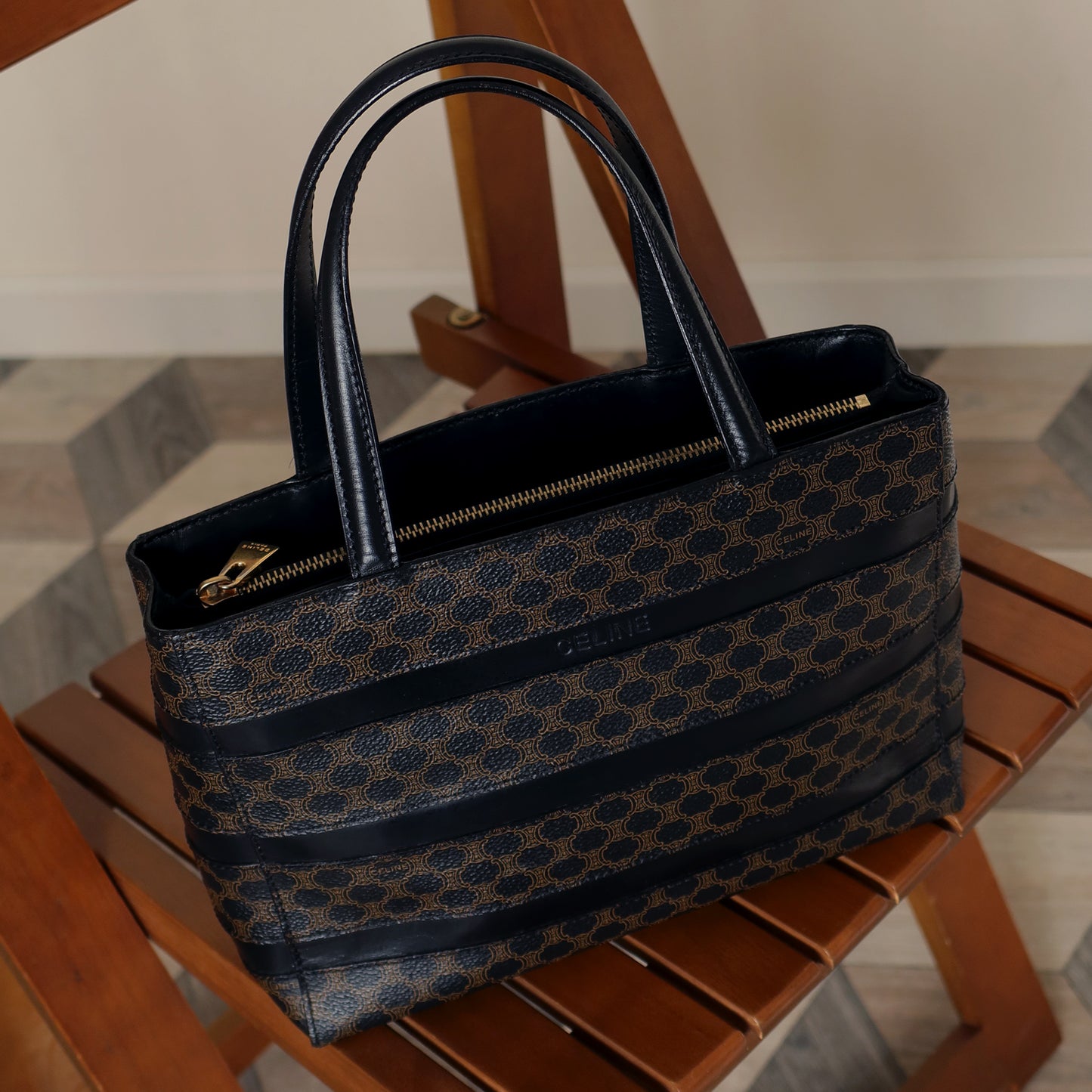 Celine Vintage Black Stripe Macadam Triomphe City Tote Bag