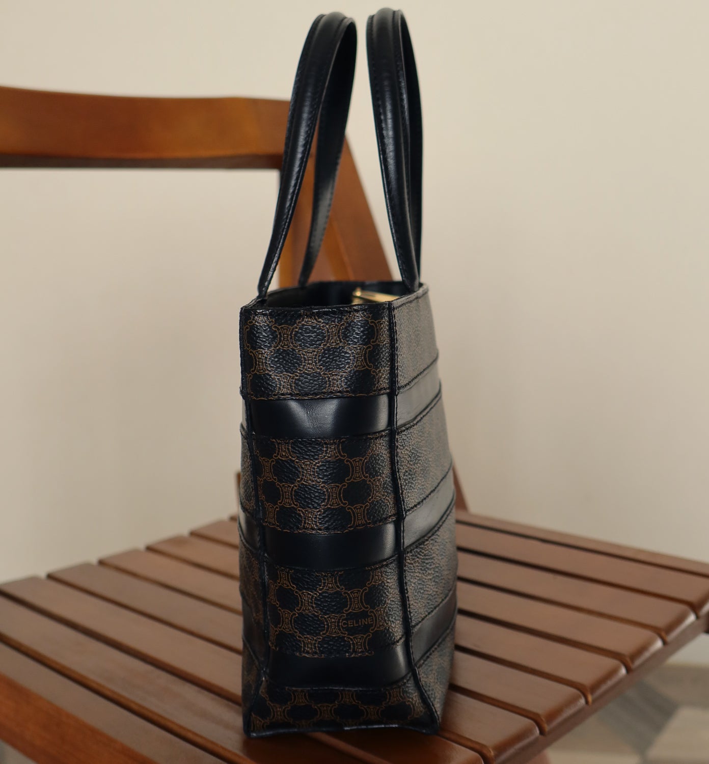 Celine Vintage Black Stripe Macadam Triomphe City Tote Bag