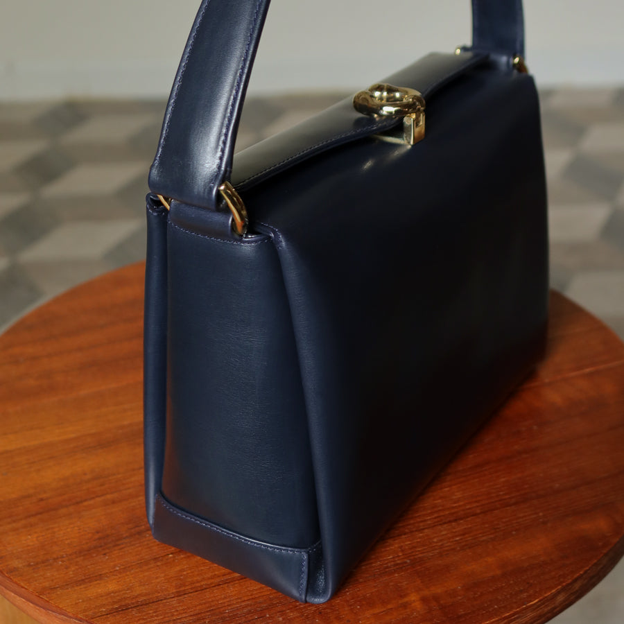Gucci Vintage Dark Indigo Leather Gold Horsebit Bag