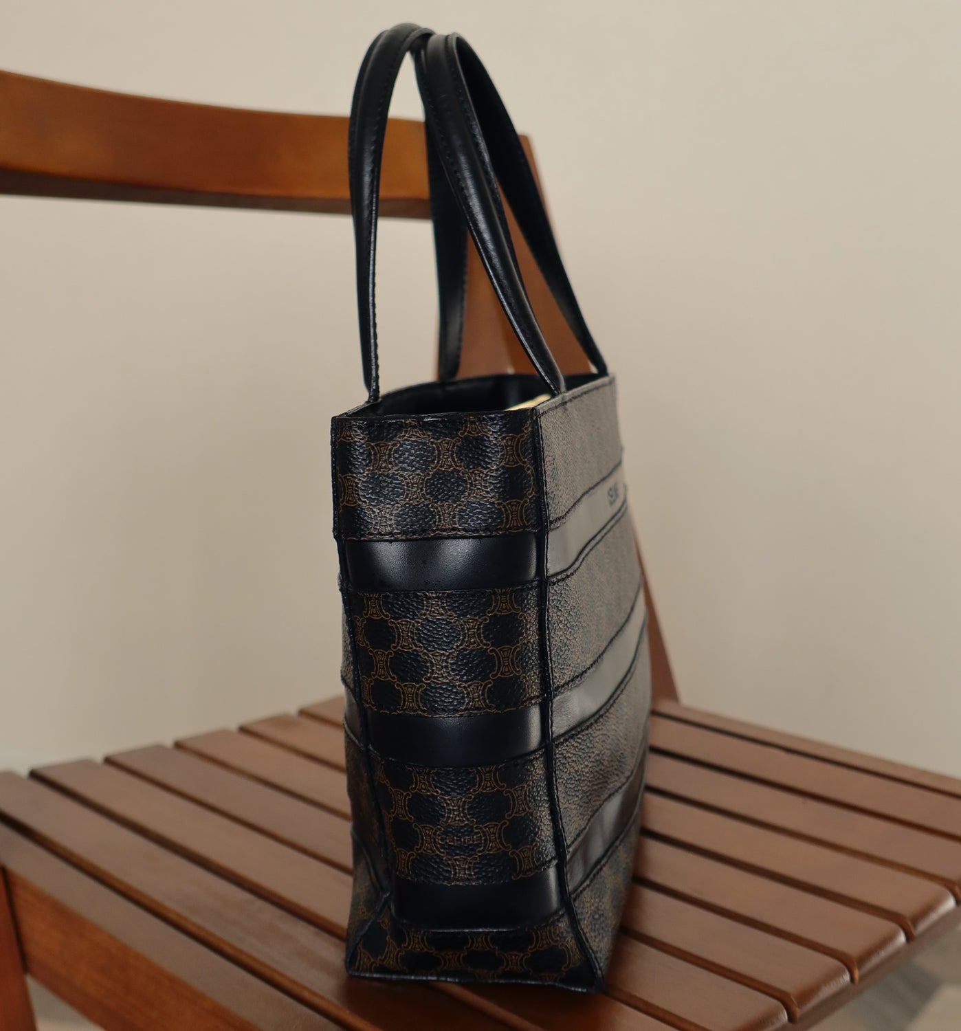Celine Vintage Black Stripe Macadam Triomphe City Tote Bag
