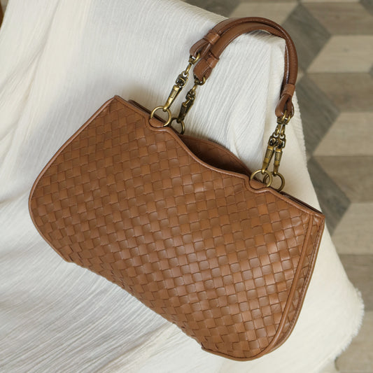 Bottega Veneta Vintage Caramel Brown Intrecciato 2 way Top Handle Shoulder Bag