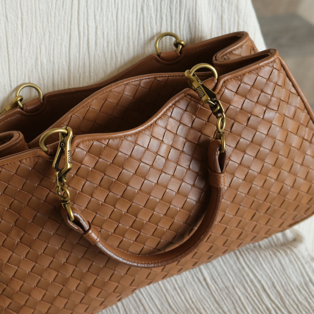 Bottega Veneta Vintage Caramel Brown Intrecciato 2 way Top Handle Shoulder Bag