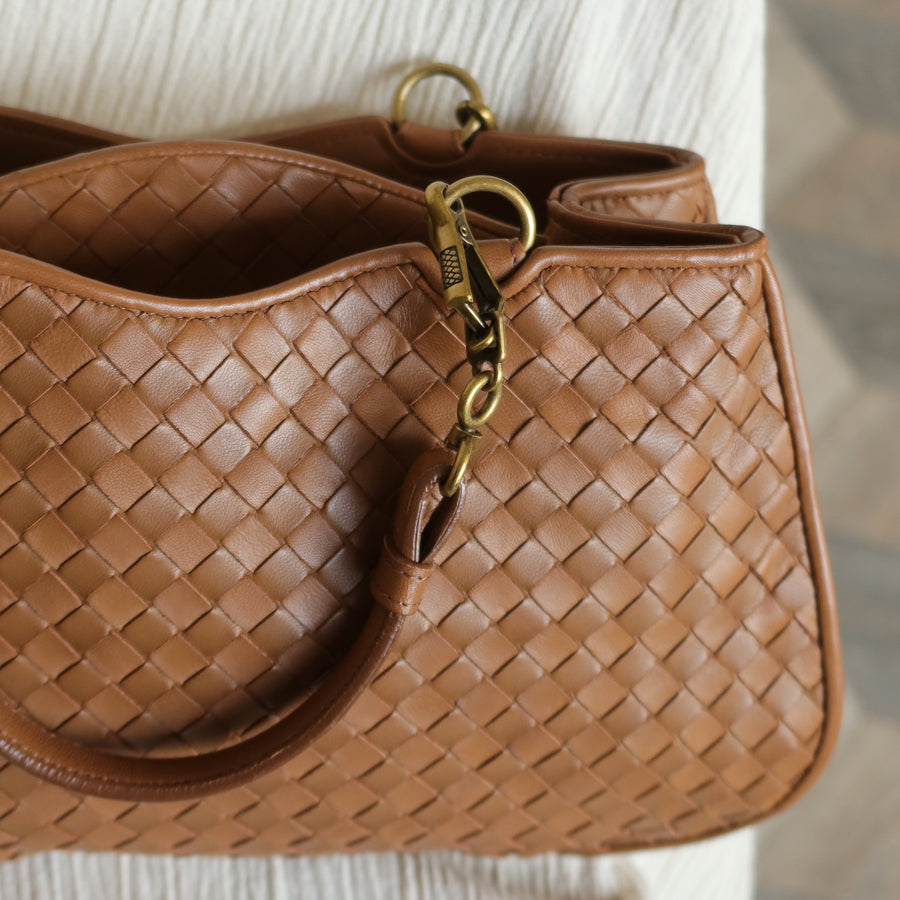 Bottega Veneta Vintage Caramel Brown Intrecciato 2 way Top Handle Shoulder Bag