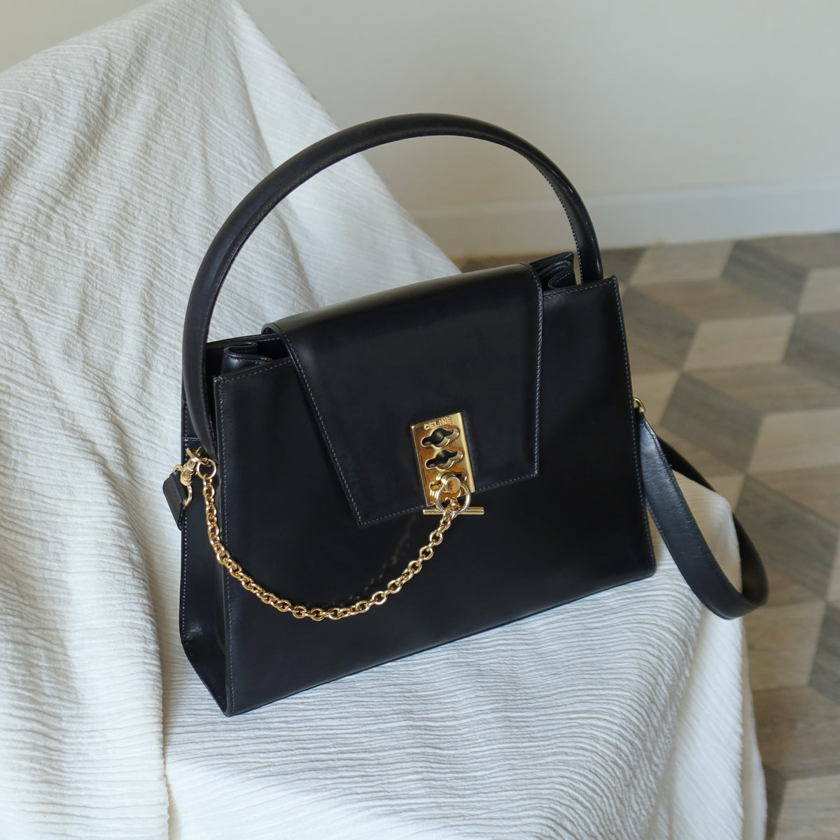 Celine Vintage Classic Black Leather Gold chain lock Top Handle 2 way Bag