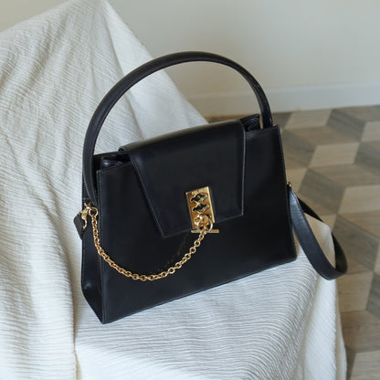 Celine Vintage Classic Black Leather Gold chain lock Top Handle 2 way Bag