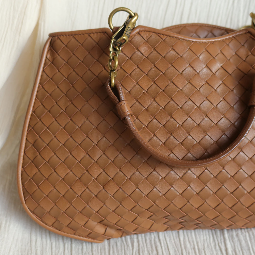 Bottega Veneta Vintage Caramel Brown Intrecciato 2 way Top Handle Shoulder Bag