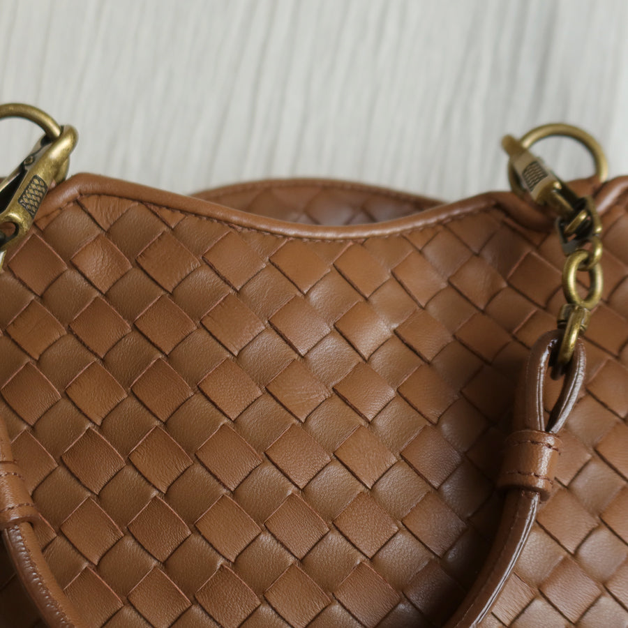 Bottega Veneta Vintage Caramel Brown Intrecciato 2 way Top Handle Shoulder Bag