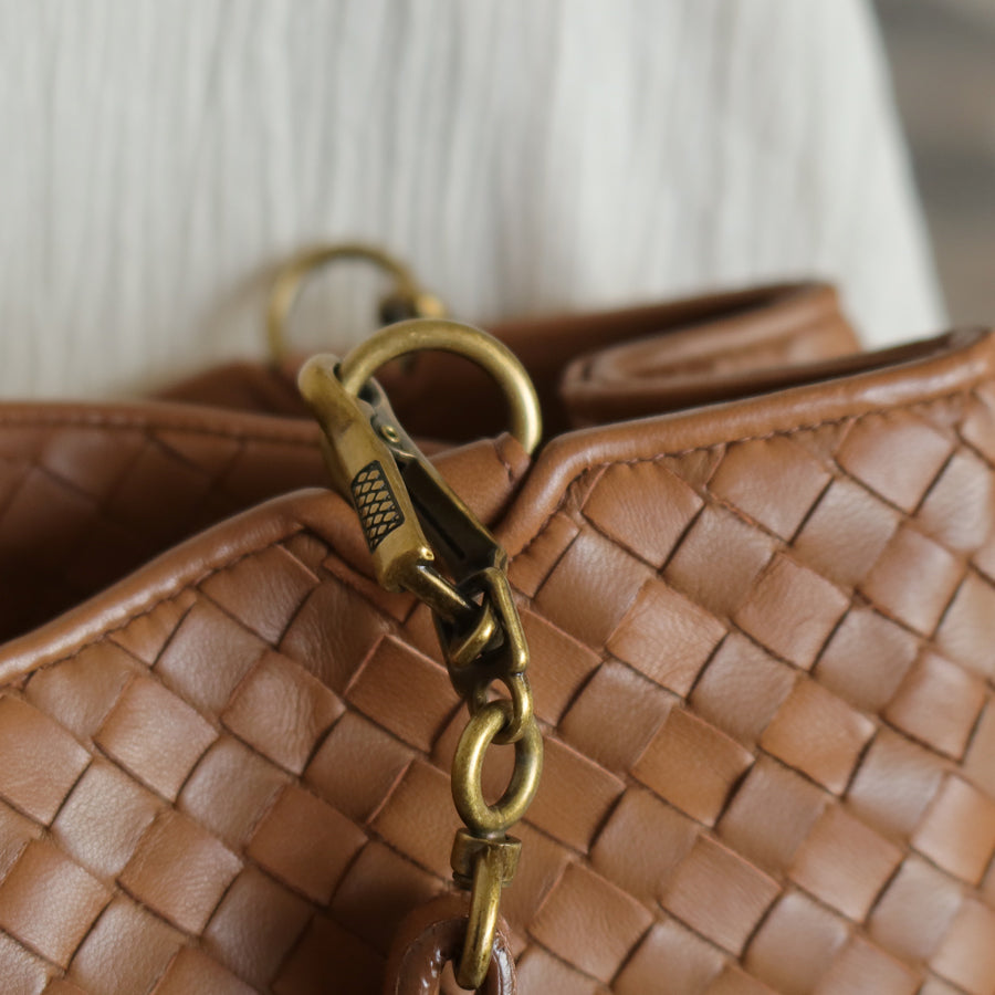 Bottega Veneta Vintage Caramel Brown Intrecciato 2 way Top Handle Shoulder Bag