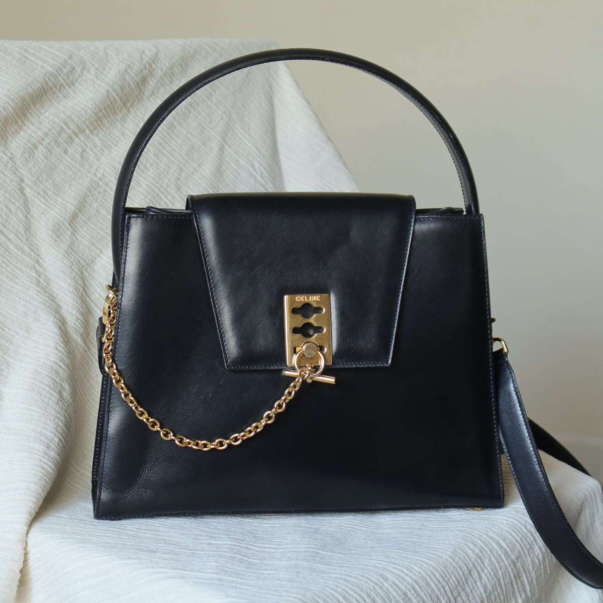 Celine Vintage Classic Black Leather Gold chain lock Top Handle 2 way Bag