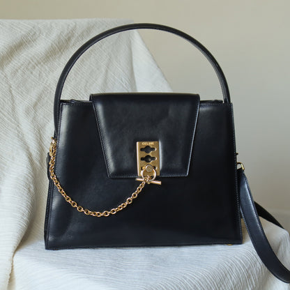 Celine Vintage Classic Black Leather Gold chain lock Top Handle 2 way Bag