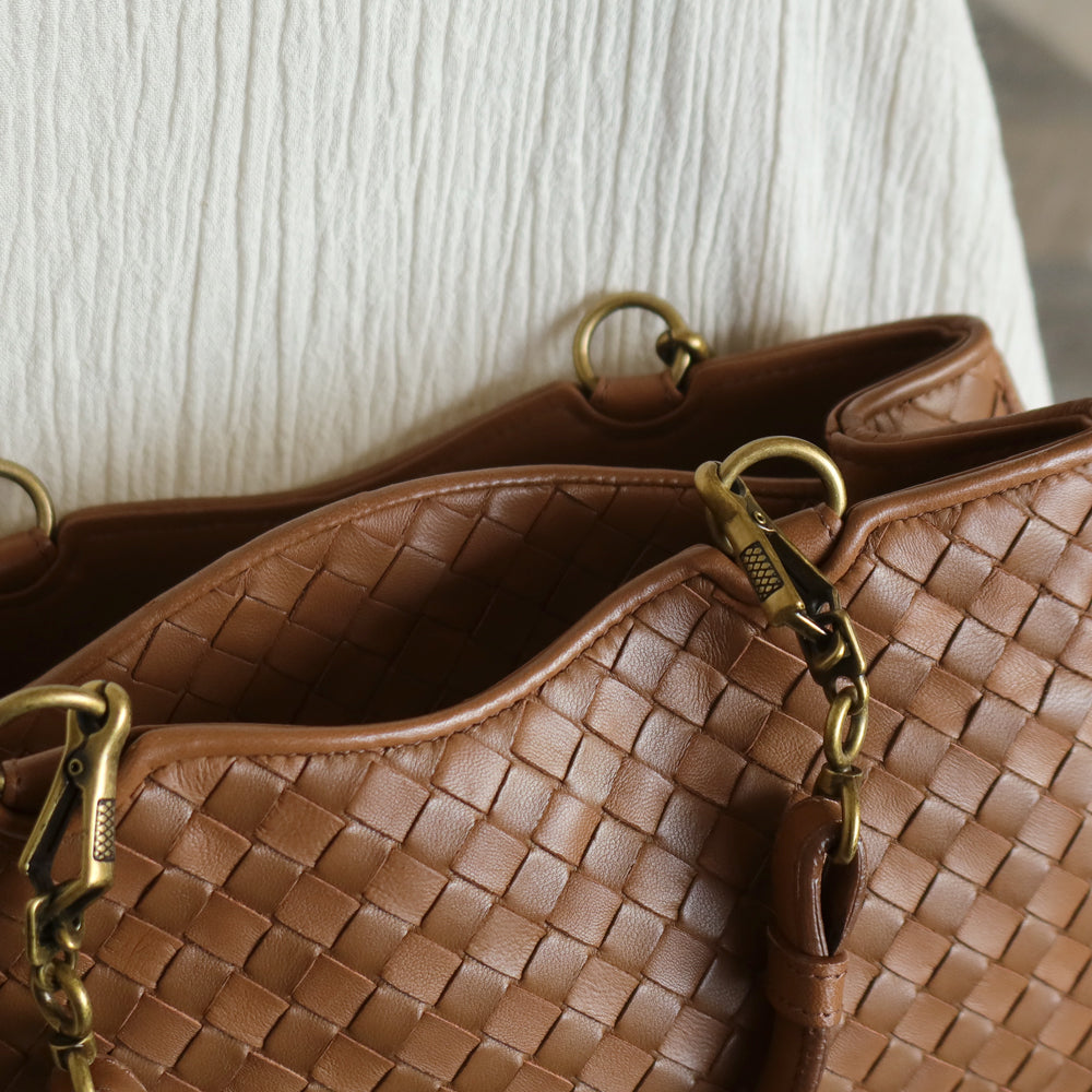 Bottega Veneta Vintage Caramel Brown Intrecciato 2 way Top Handle Shoulder Bag
