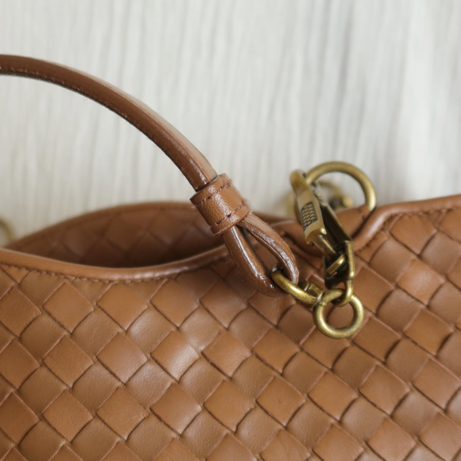 Bottega Veneta Vintage Caramel Brown Intrecciato 2 way Top Handle Shoulder Bag