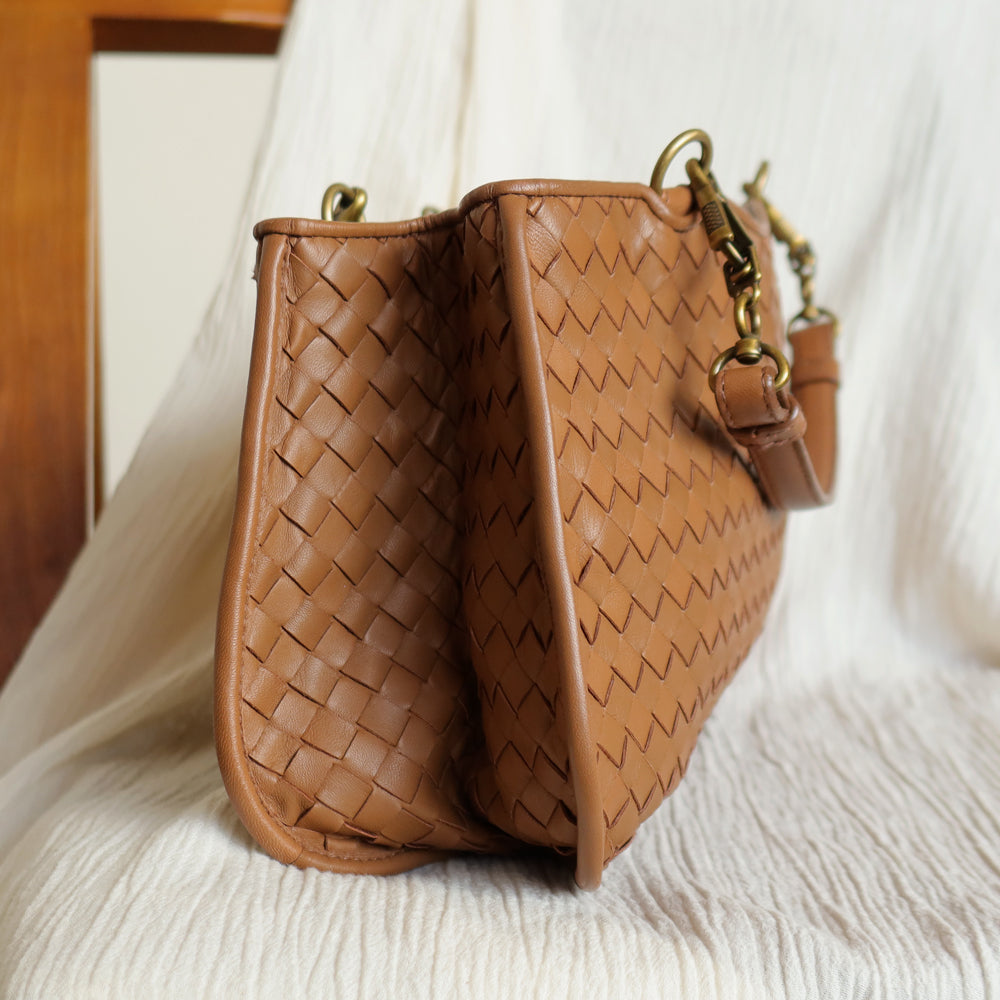 Bottega Veneta Vintage Caramel Brown Intrecciato 2 way Top Handle Shoulder Bag