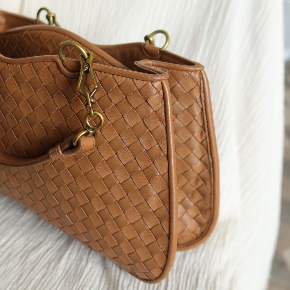 Bottega Veneta Vintage Caramel Brown Intrecciato 2 way Top Handle Shoulder Bag