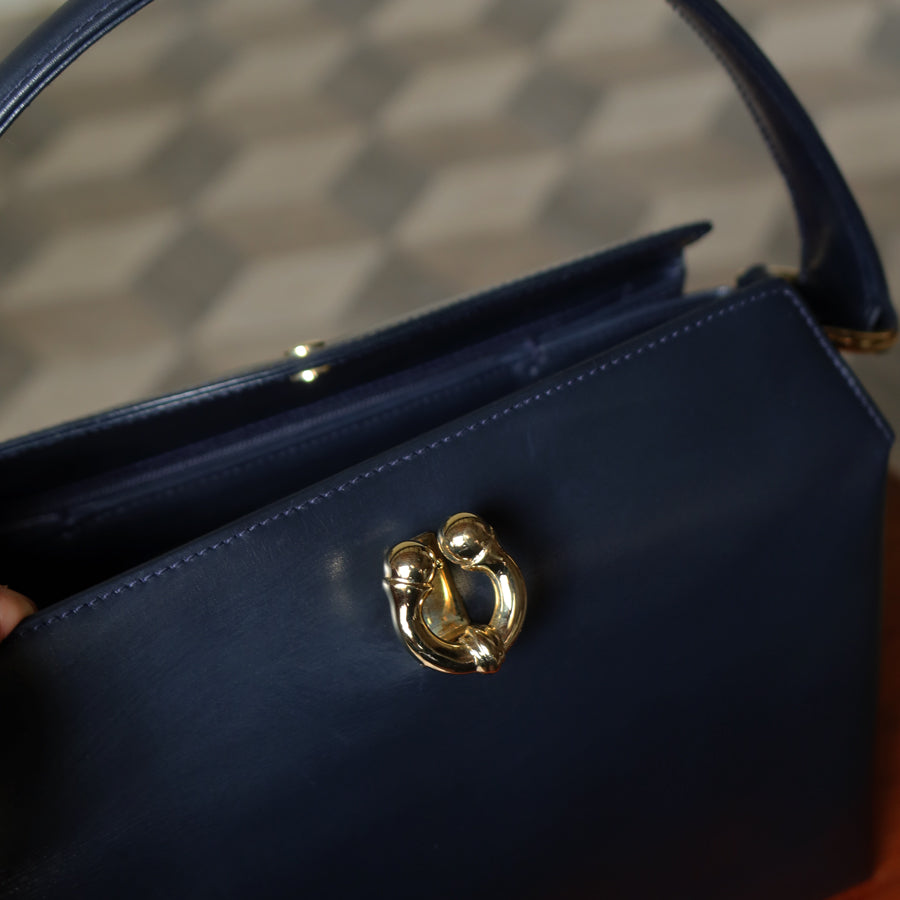 Gucci Vintage Dark Indigo Leather Gold Horsebit Bag