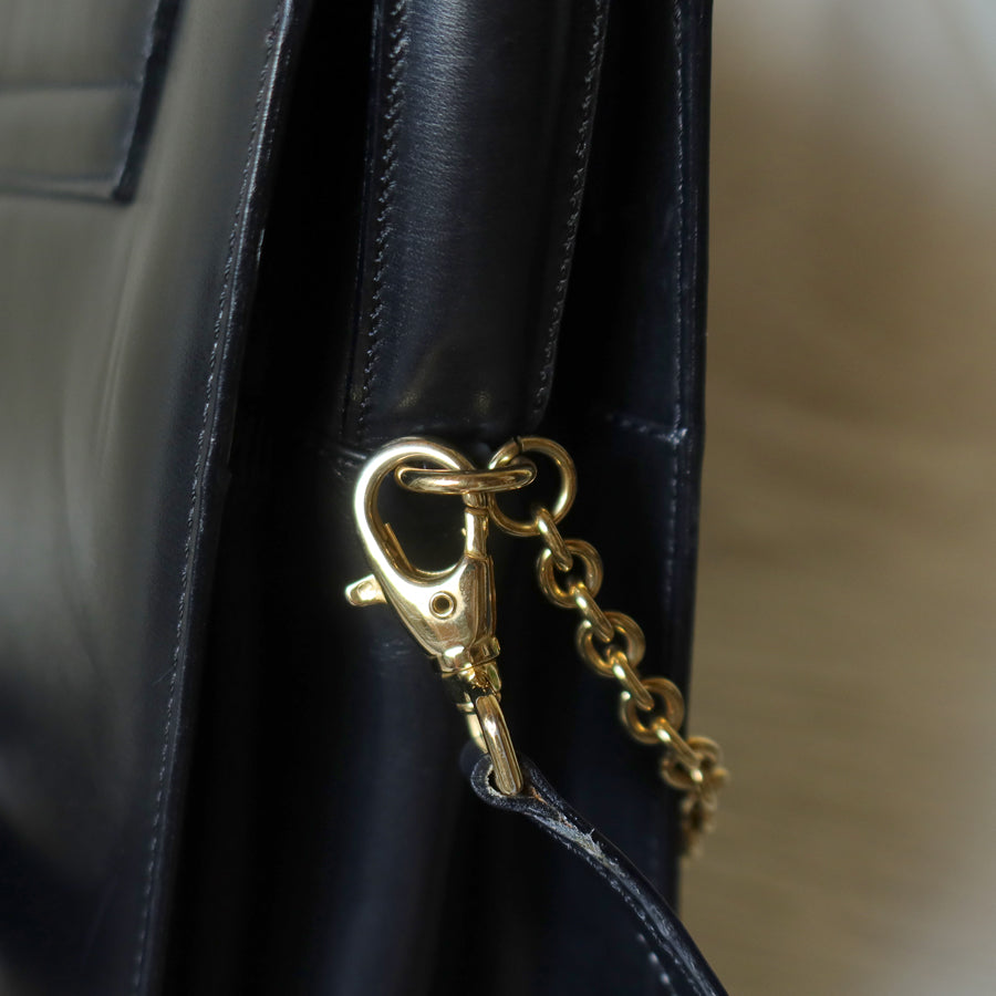 Celine Vintage Classic Black Leather Gold chain lock Top Handle 2 way Bag