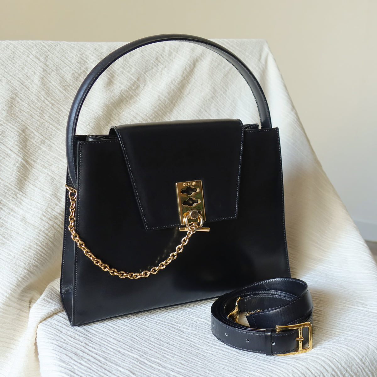 Celine Vintage Classic Black Leather Gold chain lock Top Handle 2 way Bag