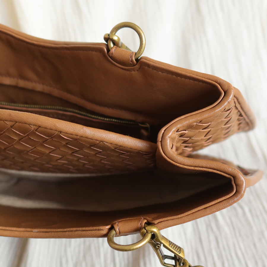 Bottega Veneta Vintage Caramel Brown Intrecciato 2 way Top Handle Shoulder Bag