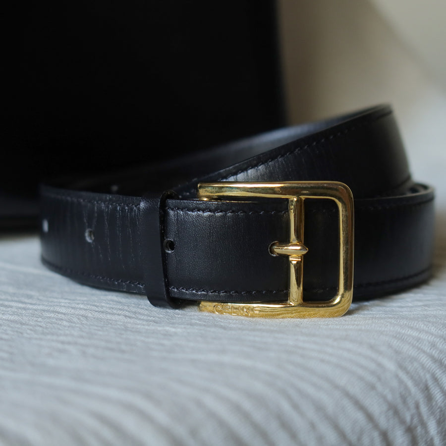 Celine Vintage Classic Black Leather Gold chain lock Top Handle 2 way Bag