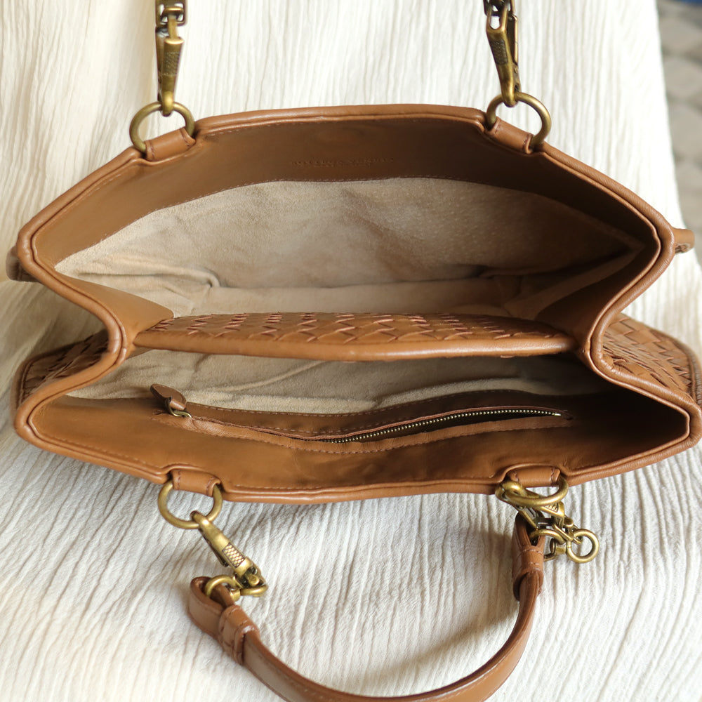 Bottega Veneta Vintage Caramel Brown Intrecciato 2 way Top Handle Shoulder Bag