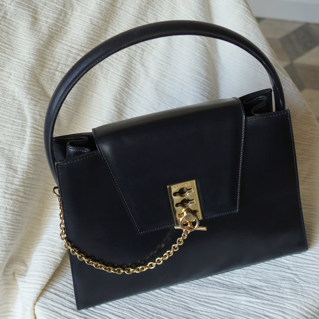 Celine Vintage Classic Black Leather Gold chain lock Top Handle 2 way Bag