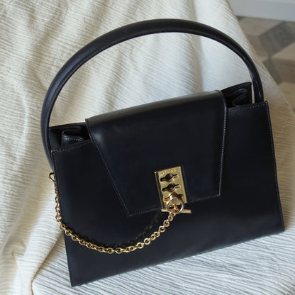 Celine Vintage Classic Black Leather Gold chain lock Top Handle 2 way Bag
