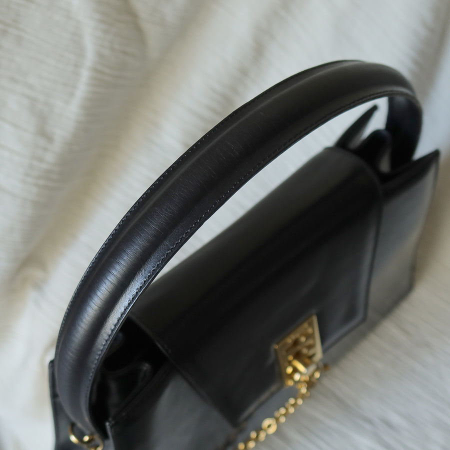 Celine Vintage Classic Black Leather Gold chain lock Top Handle 2 way Bag