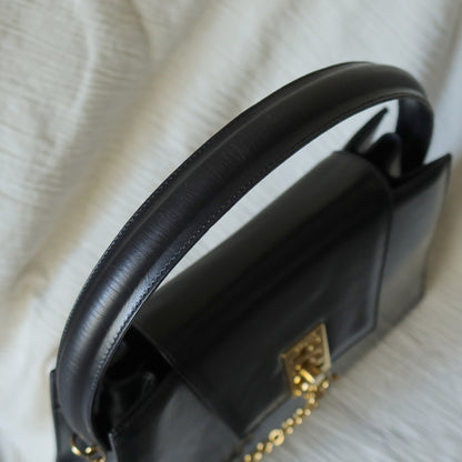 Celine Vintage Classic Black Leather Gold chain lock Top Handle 2 way Bag