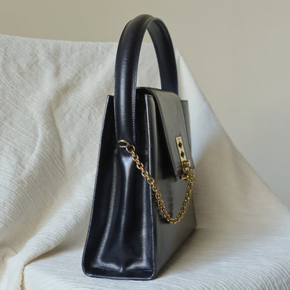 Celine Vintage Classic Black Leather Gold chain lock Top Handle 2 way Bag