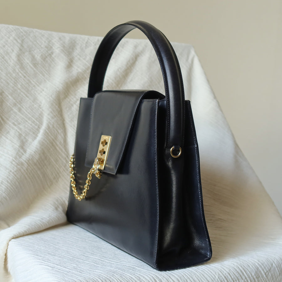 Celine Vintage Classic Black Leather Gold chain lock Top Handle 2 way Bag