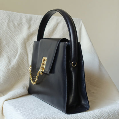 Celine Vintage Classic Black Leather Gold chain lock Top Handle 2 way Bag