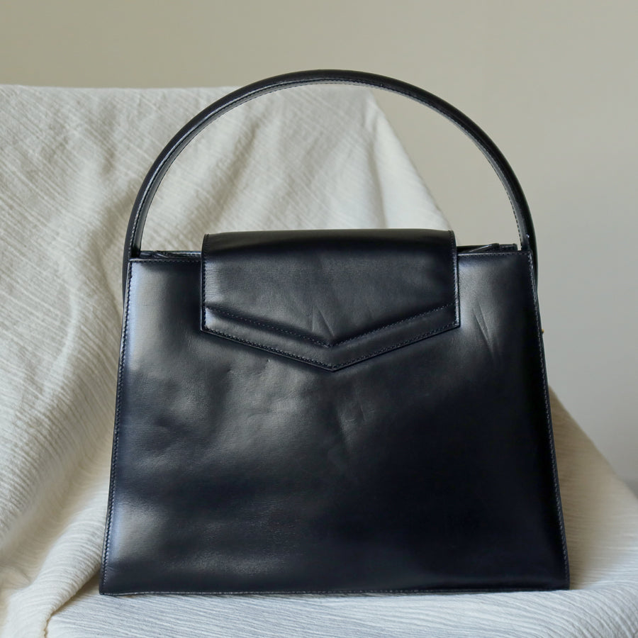 Celine Vintage Classic Black Leather Gold chain lock Top Handle 2 way Bag