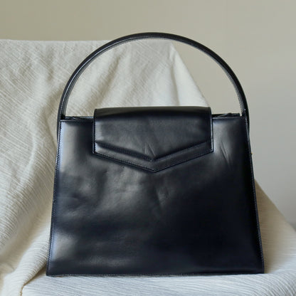 Celine Vintage Classic Black Leather Gold chain lock Top Handle 2 way Bag