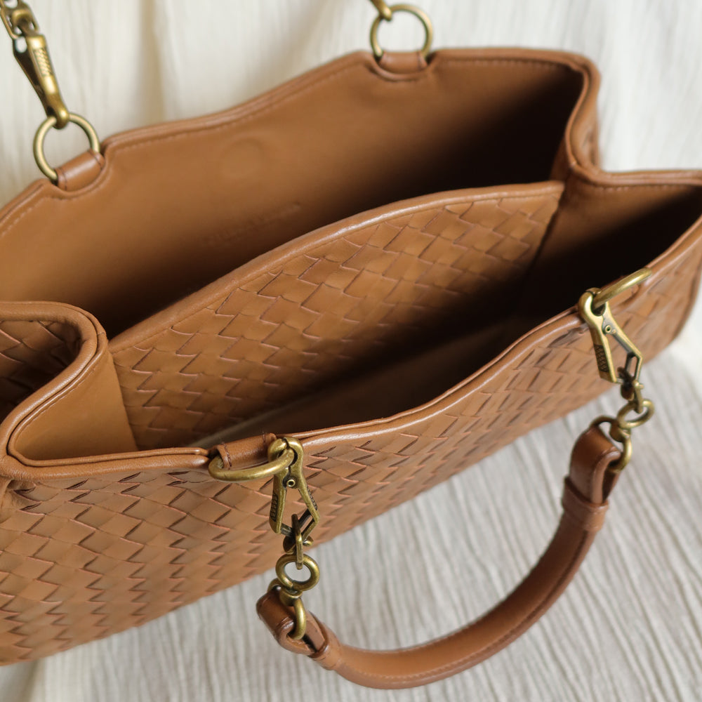 Bottega Veneta Vintage Caramel Brown Intrecciato 2 way Top Handle Shoulder Bag
