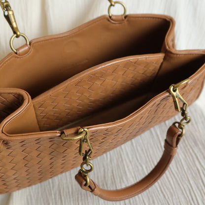 Bottega Veneta Vintage Caramel Brown Intrecciato 2 way Top Handle Shoulder Bag