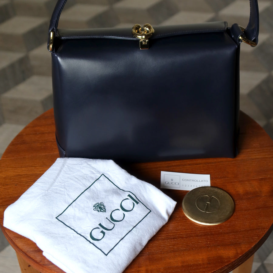 Gucci Vintage Dark Indigo Leather Gold Horsebit Bag