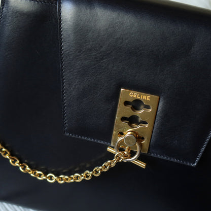 Celine Vintage Classic Black Leather Gold chain lock Top Handle 2 way Bag