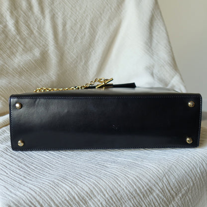 Celine Vintage Classic Black Leather Gold chain lock Top Handle 2 way Bag