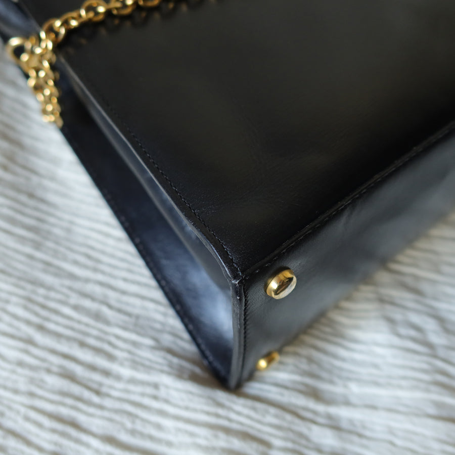 Celine Vintage Classic Black Leather Gold chain lock Top Handle 2 way Bag