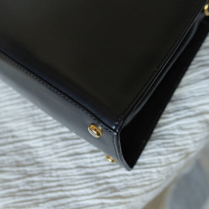 Celine Vintage Classic Black Leather Gold chain lock Top Handle 2 way Bag