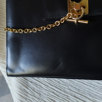 Celine Vintage Classic Black Leather Gold chain lock Top Handle 2 way Bag