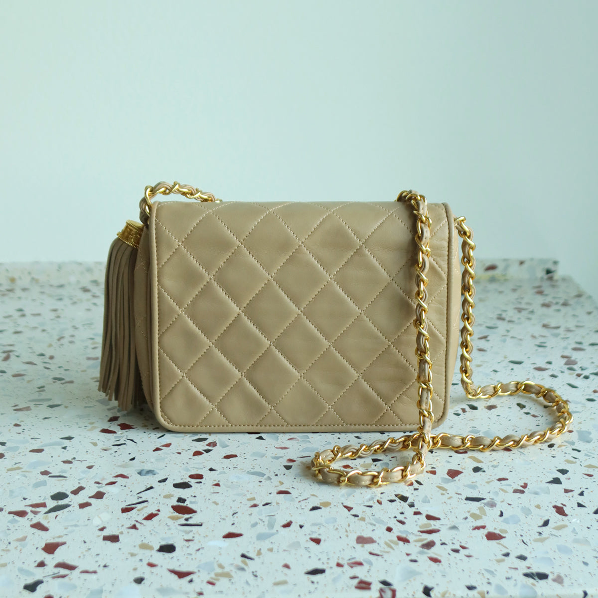 Chanel Vintage Matelasse Quilted Beige Lambskin Coco Fringe Flap Bag
