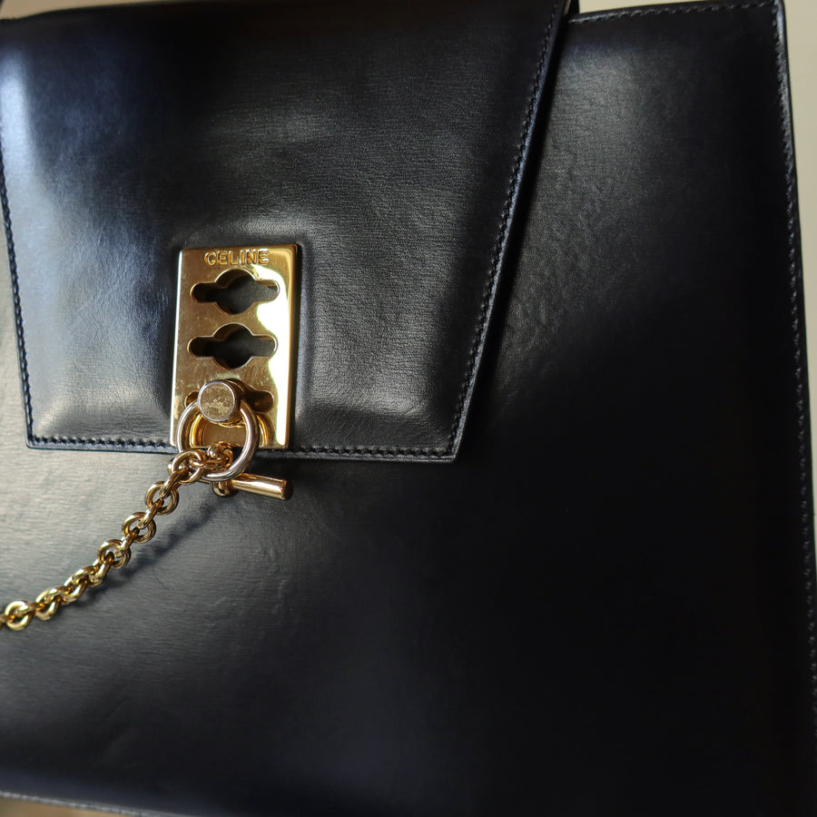 Celine Vintage Classic Black Leather Gold chain lock Top Handle 2 way Bag