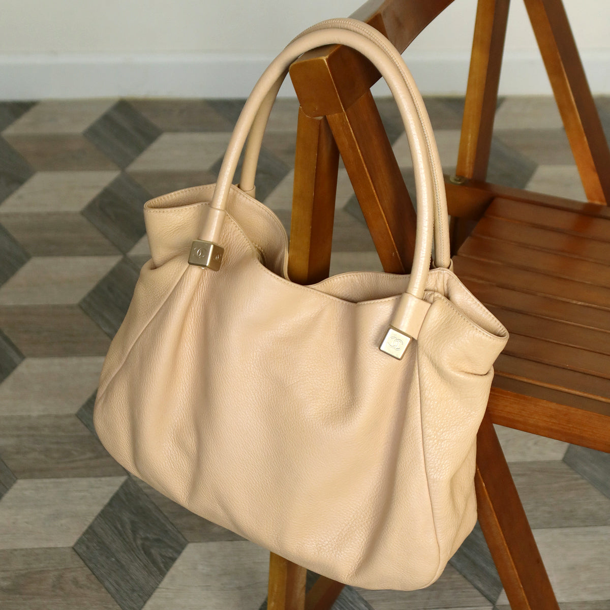 Chanel Vintage Light Beige Calfskin Leather Coco Dice Medium Hobo Shoulder Bag