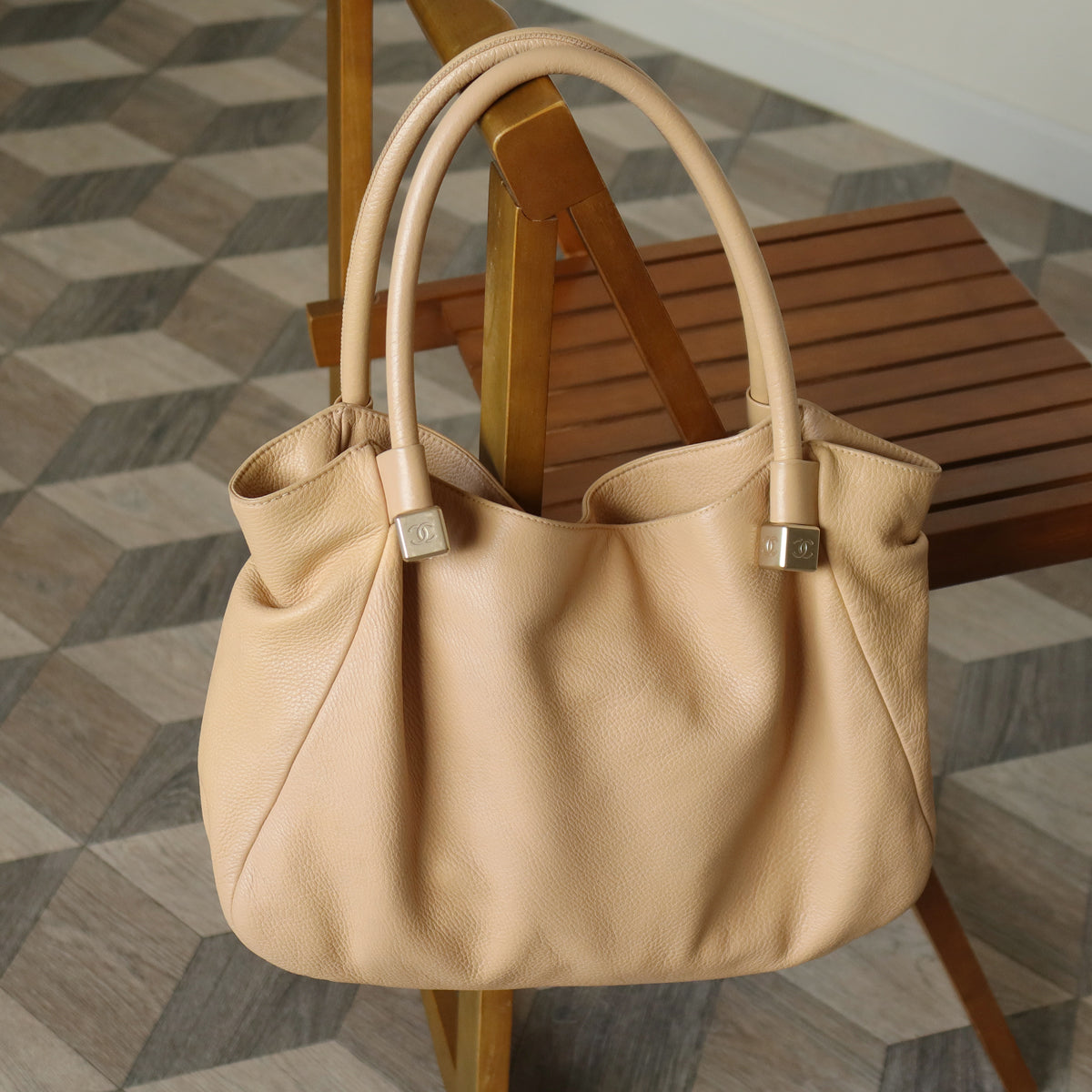 Chanel Vintage Light Beige Calfskin Leather Coco Dice Medium Hobo Shoulder Bag